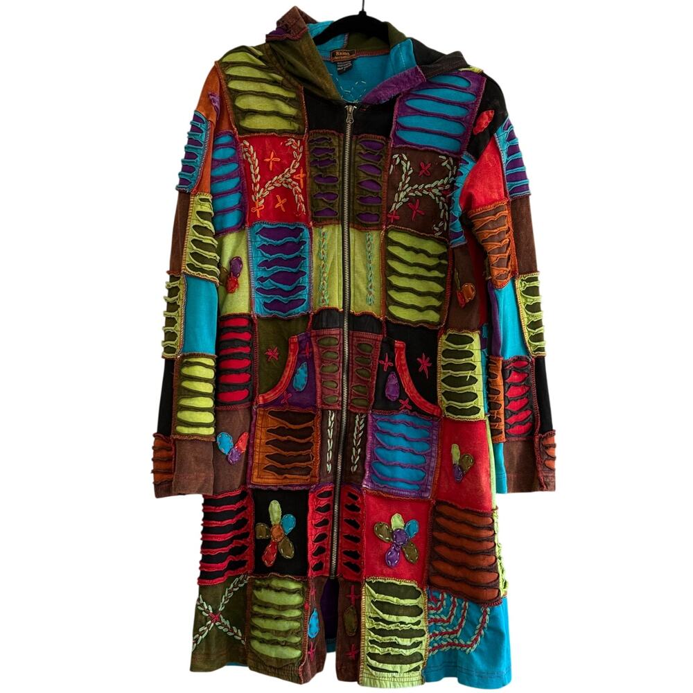 Hippie Festival Patchwork Hooded Dress Zip Front Boho Art Wear Size Large Cotton